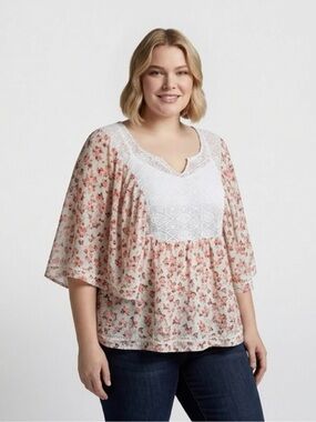 torrid White Lace Yoke Tunic with Pink Floral Print